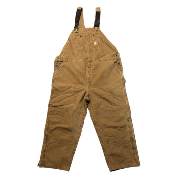 Carhartt Quilt Lined Bib Overalls Mens 48x28 Tan Workwear Utility R27 211 VTG - Picture 1 of 10